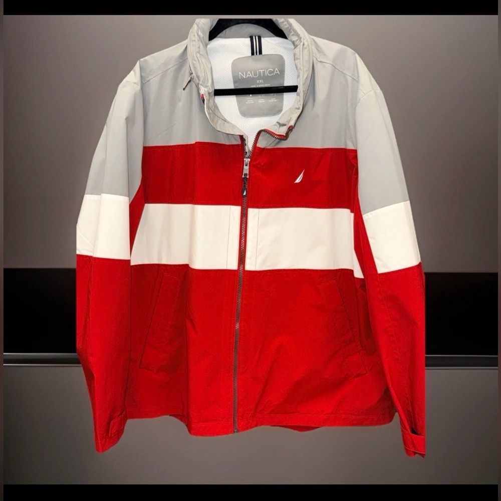 Men’s Nautica Color-block Windbreaker/Jacket-Red/Gray/White-XXL-EUC